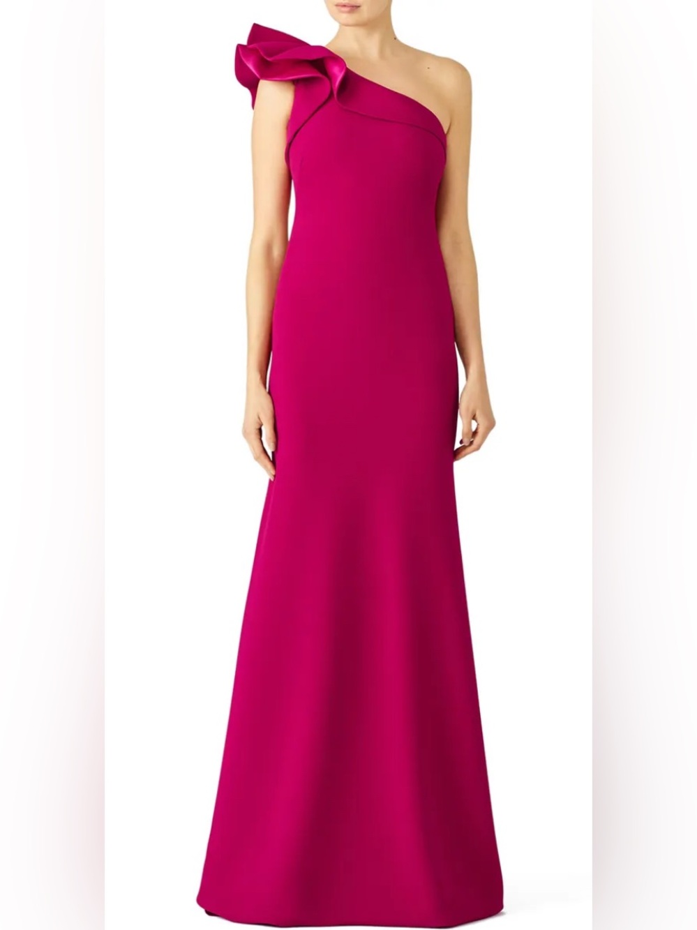 Carmen Marc Valvo One-Shoulder Ruffled Gown in Fuchsia Size 4 EUC
